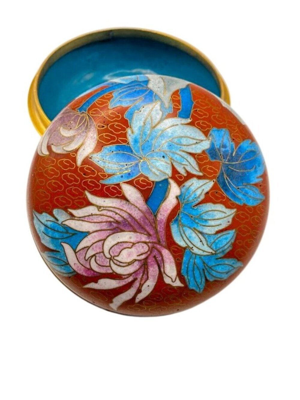Vintage Chinese Jingfa Cloisonne 3” Red Floral Enamel Bowl Trinket Box with Lid